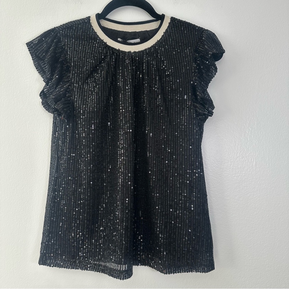 THML Black Sequin Flutter Sleeve Top Women’s XS NWT Party Holiday
